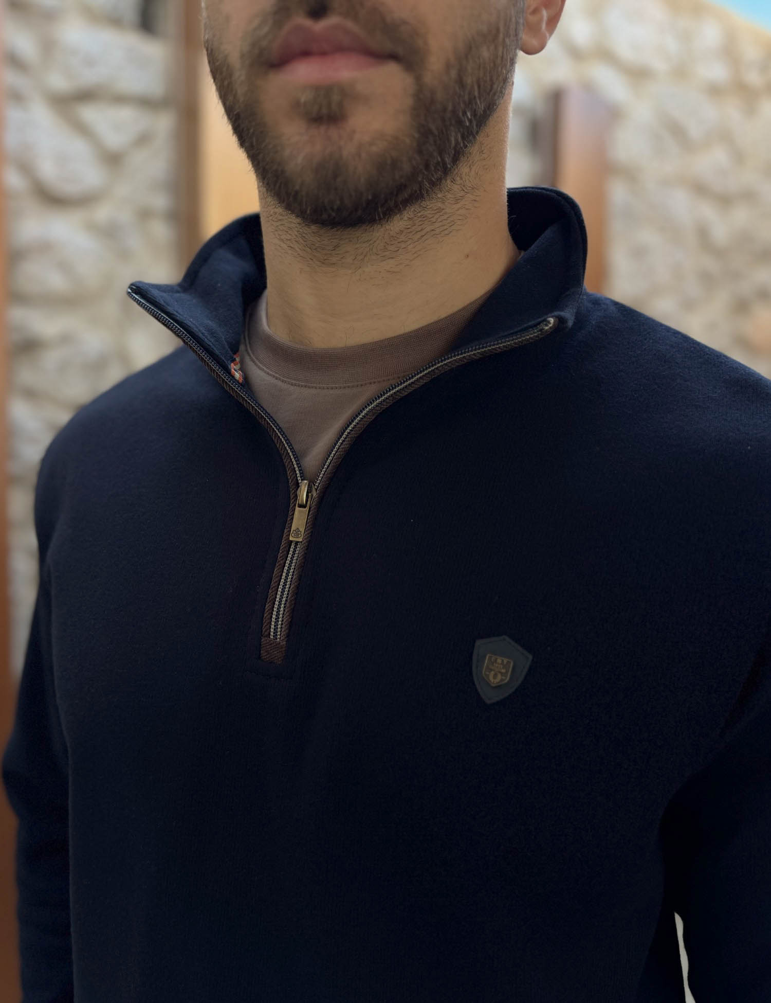 Everbest Ανδρική μπλε navy ριπ με βελούδινη υφή μπλούζα με γιακά και φερμουάρ 261039 φωτογραφία